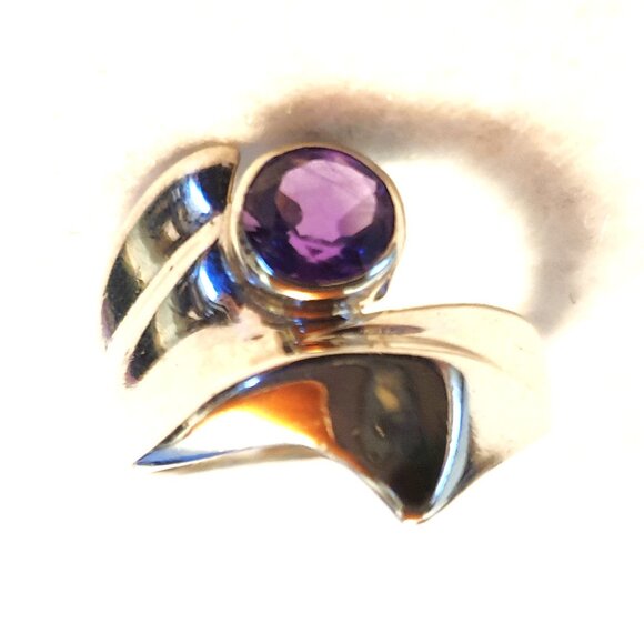 Unique Vintage Sterling Silver Natural Amethyst Floral Statement Ring – Size 9 - Picture 3 of 15